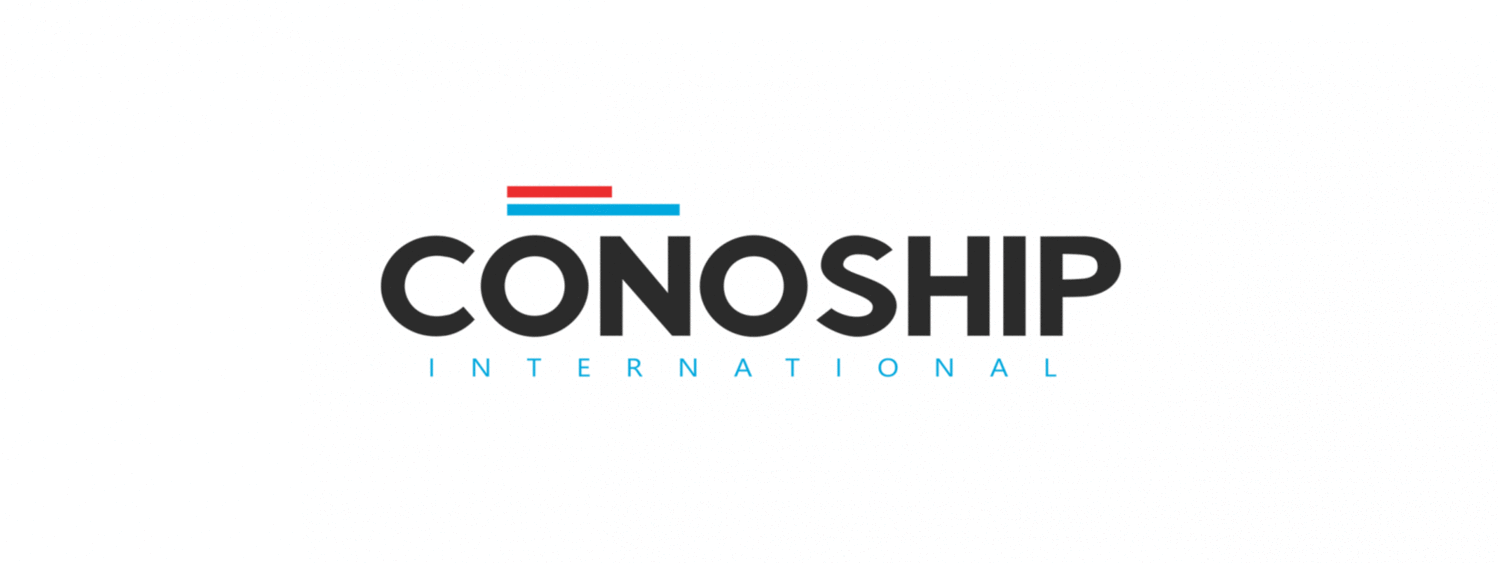 Logo of Conoship International with bold black text, red and blue lines above the 'N', and light blue 'INTERNATIONAL' below
