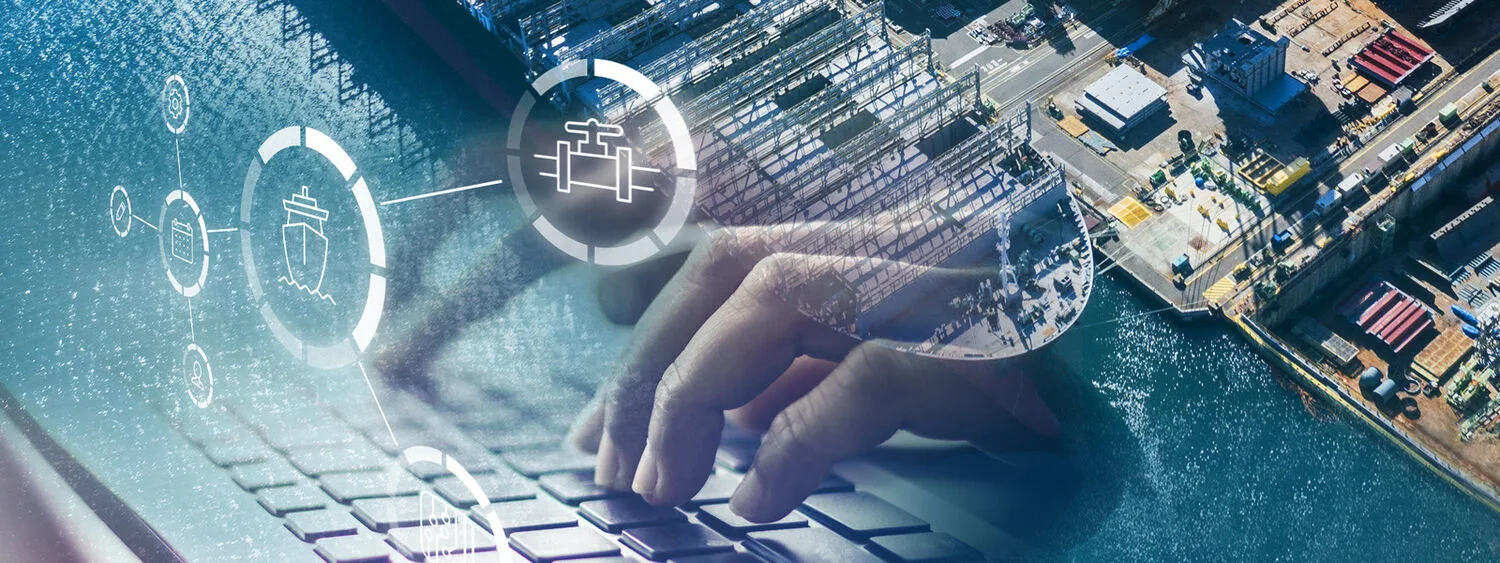 An image showing the shipyard, keyboard, hands and icons presenting the digitalization at shipyards.