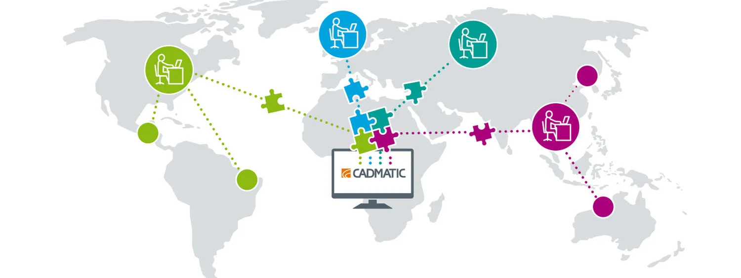 World map with puzzle icons and Cadmatic on a computer screen