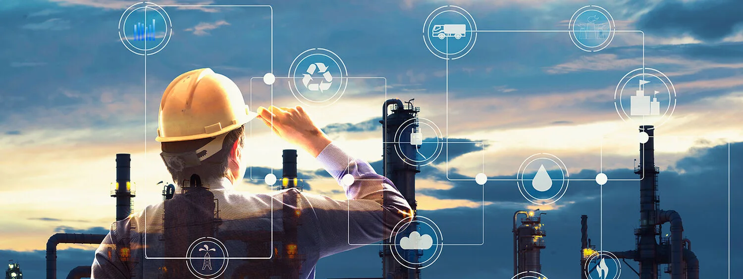 Engineer and an industrial plant in the background and digital icons