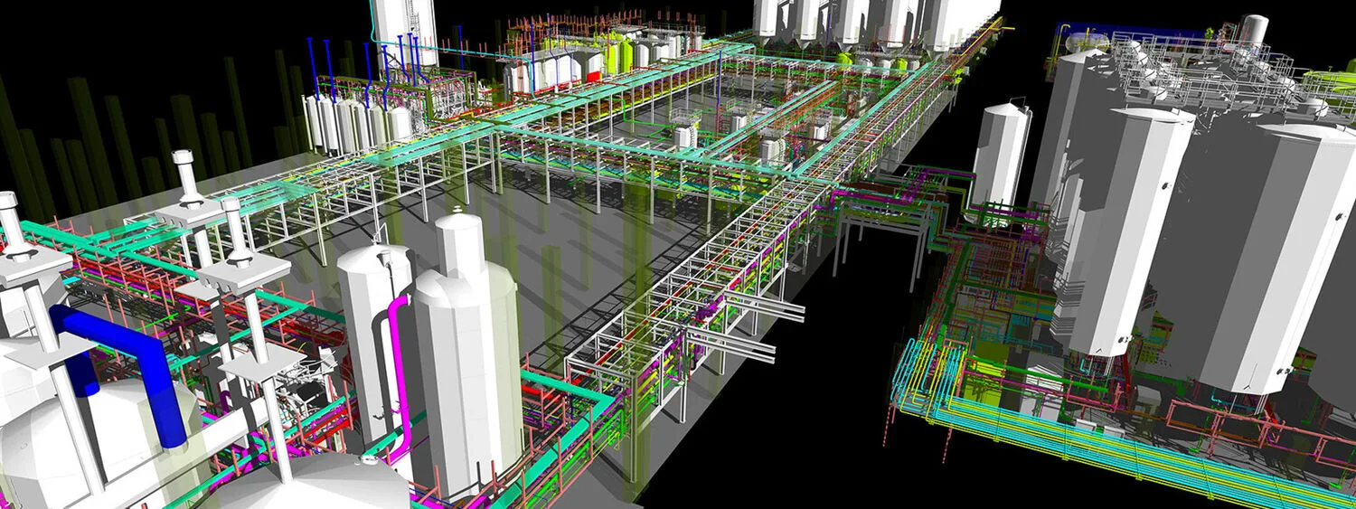 3D model of an industrial plant with tanks, pipes, and equipment in various colors representing interconnected systems