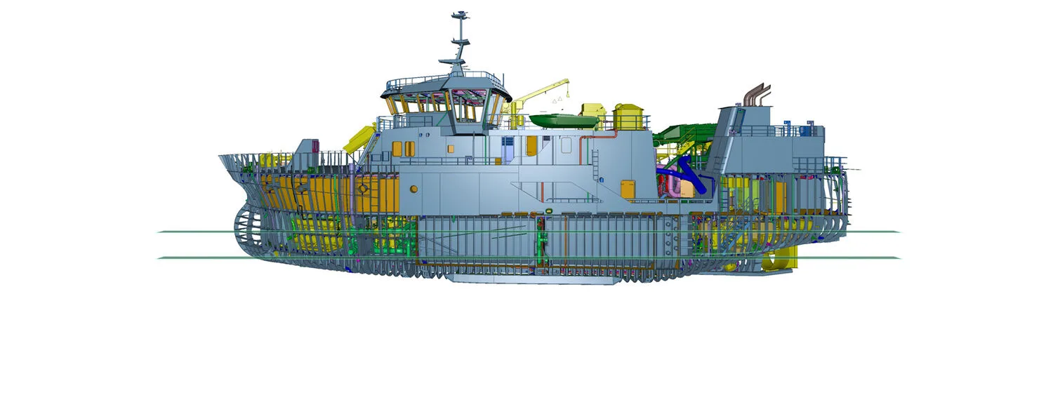 3D model of a ship’s hull and outfitting design with color-coded structural elements and compartments