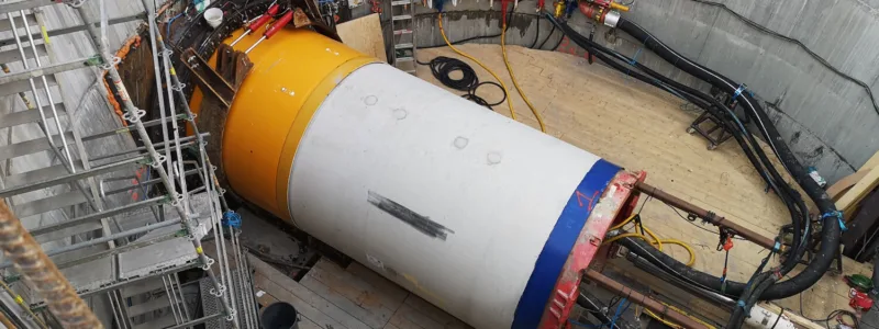 Large tunnel boring machine with yellow and white body positioned horizontally at a construction site, surrounded by scaffolding and cables.