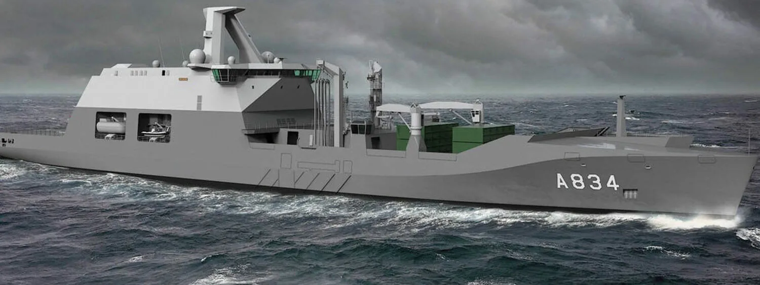 Naval ship with identification number A834 sailing on the ocean under a cloudy sky, equipped with advanced deck structures