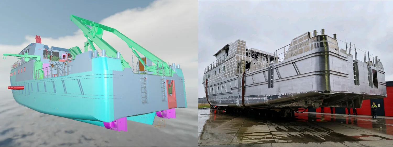Split image showing a 3D model of a vessel on the left and the real-life construction of a similar vessel on land on the right