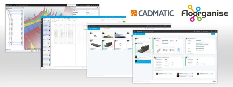 Collage of four software screenshots showing CAD design, data tables, project thumbnails, and item details with CADMATIC and Floorganise logos
