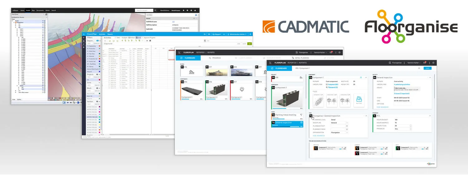 Collage of four software screenshots showing CAD design, data tables, project thumbnails, and item details with CADMATIC and Floorganise logos