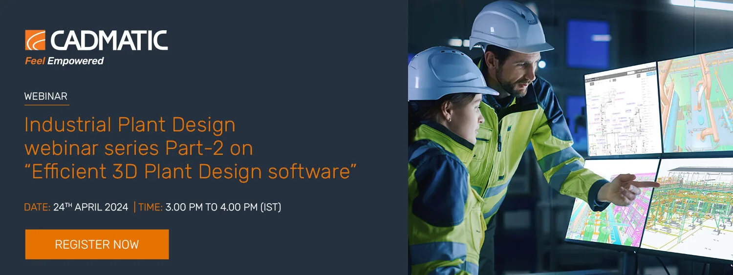 Two people in safety gear viewing multiple screens with CADMATIC 3D plant design software, alongside webinar details