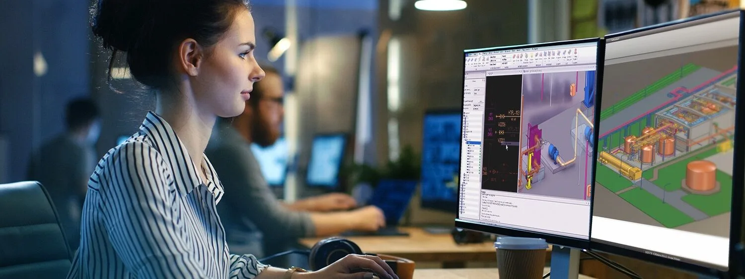 Engineer working on two screens using Cadmatic 3D CAD design software