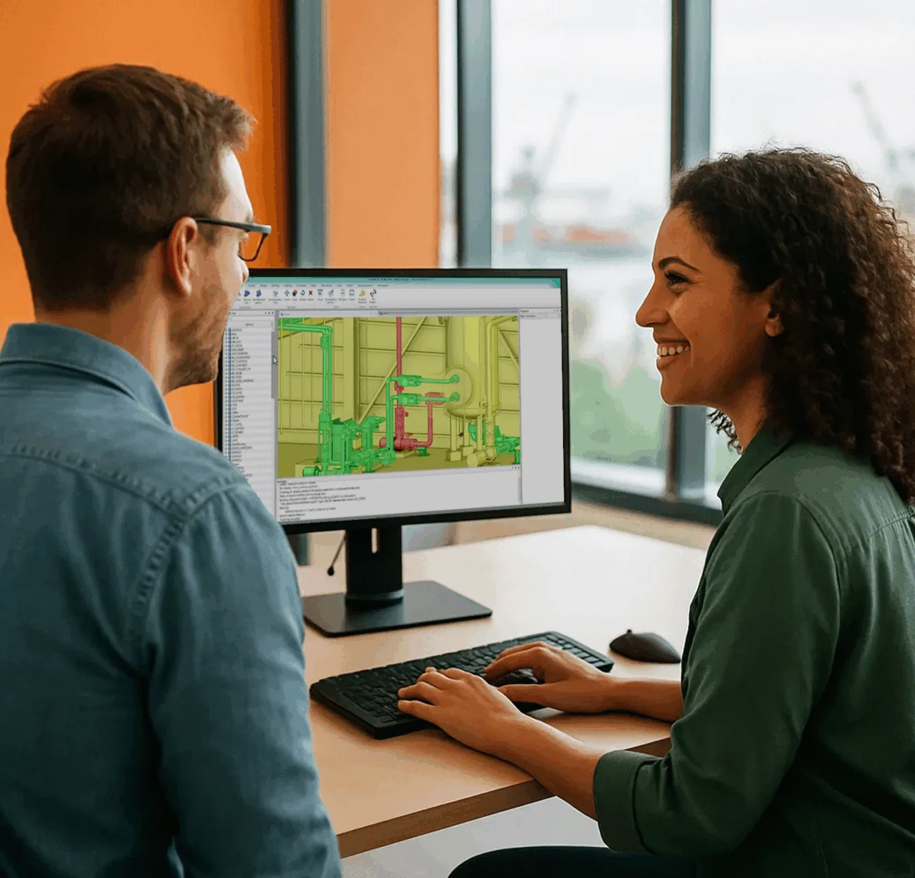 A man and woman doing 3d plant design with CADMATIC 3D Plant Design software.