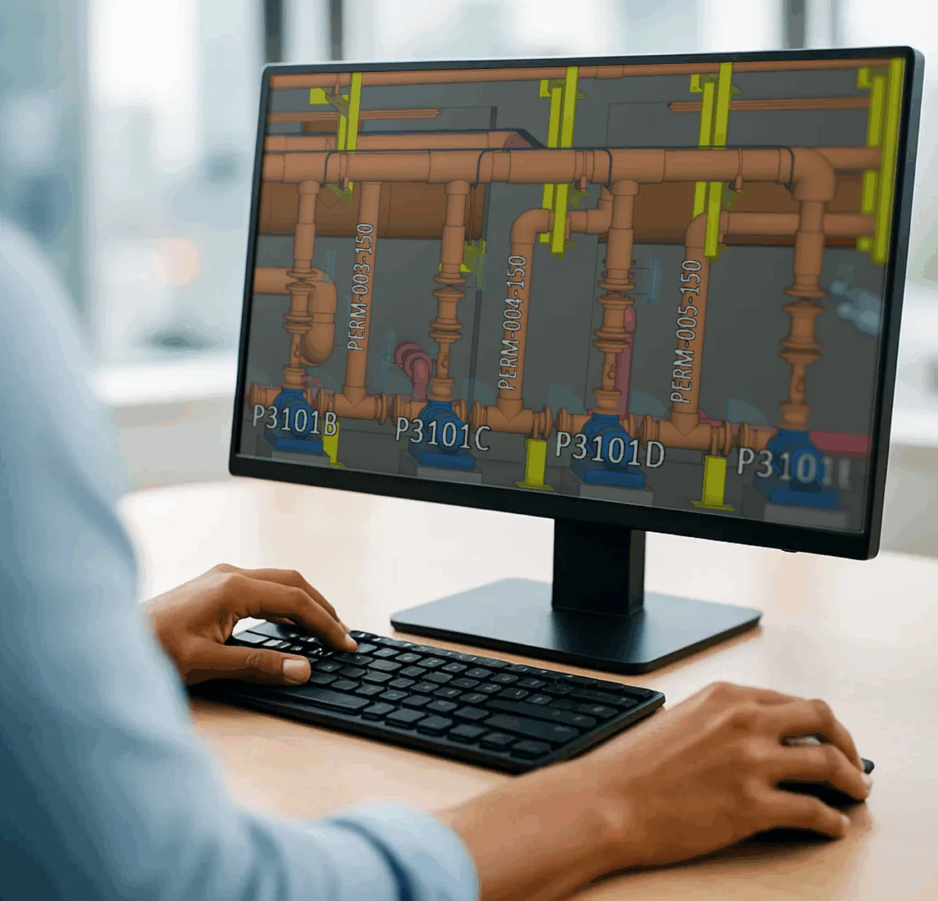 A person doing 3d plant design. The computer screen shows a closeup view of plant 3D model.