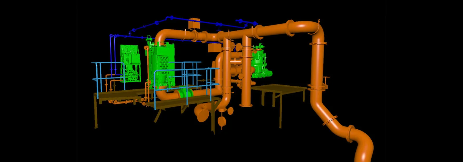 3D CAD model of a ship’s ballast water treatment system retrofit with orange pipes and green-blue machinery components