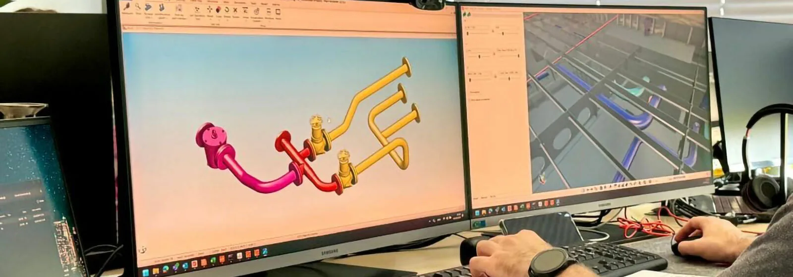 Cadmatic software on two computer screens showing industrial plant 3D piping design
