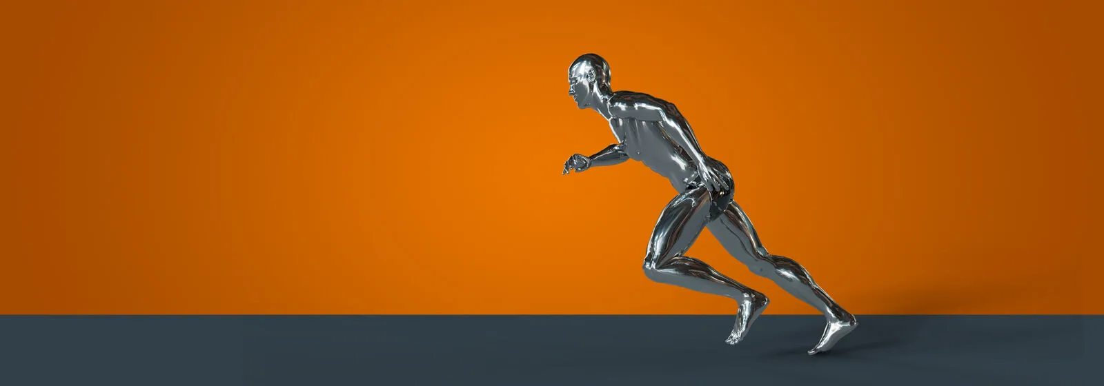 Metallic humanoid figure running on an orange background, symbolizing digital transformation and speed.