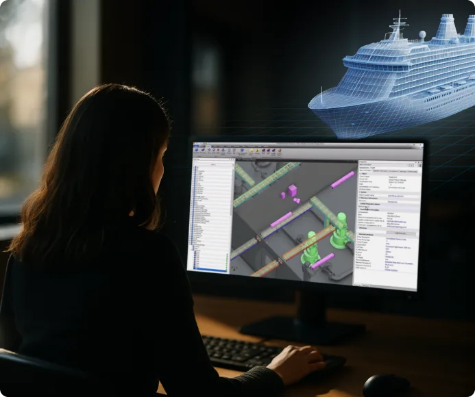 A woman looking at a computer screen showing shipbuilding and offshore digital twin software.