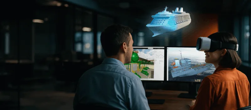 Mies ja nainen uppoutuvat eShareen, Cadmaticin digitaaliseen kaksosohjelmaan meri- ja prosessiteollisuudelle.