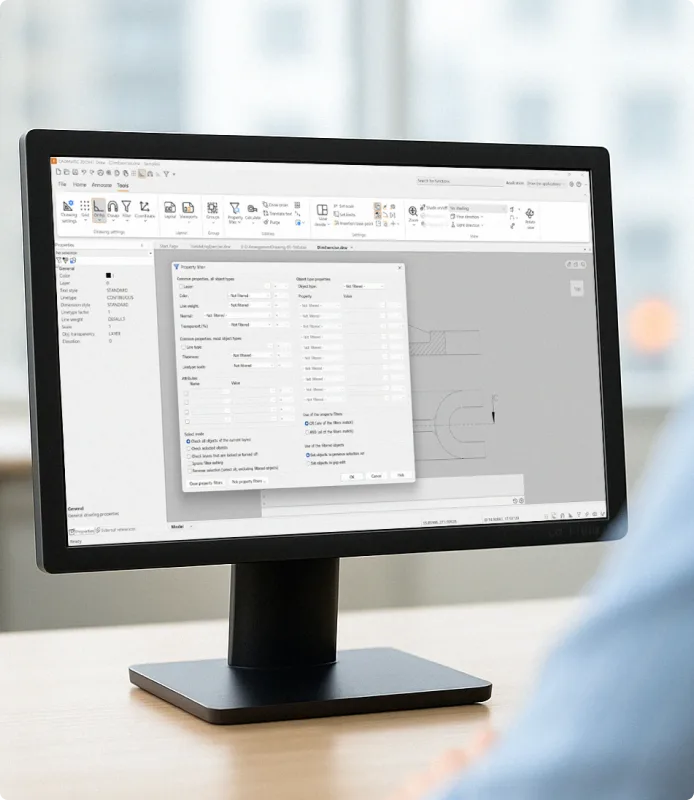 Computer screen showing CADMATIC Draw, 2D and 3D drawing software