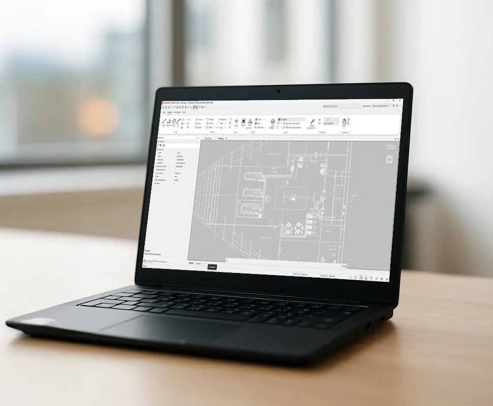 Laptop showing CADMATIC Draw, 2D and 3D drawing software