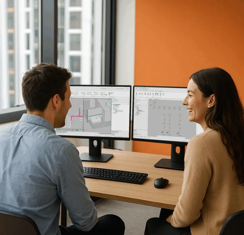Man and woman looking at two computer screens that show electrical design software that is integrated with engineering tools.