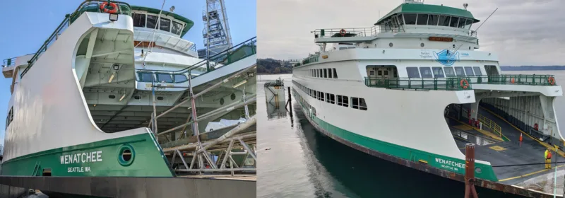 Two views of the WENATCHEE ferry: one in dry dock during retrofit, and one docked with its vehicle ramp lowered in Seattle, WA
