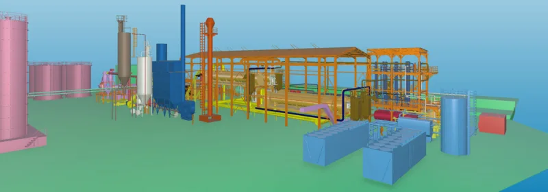 3D model of an industrial plant with color-coded tanks, pipelines, and processing units representing different plant components.