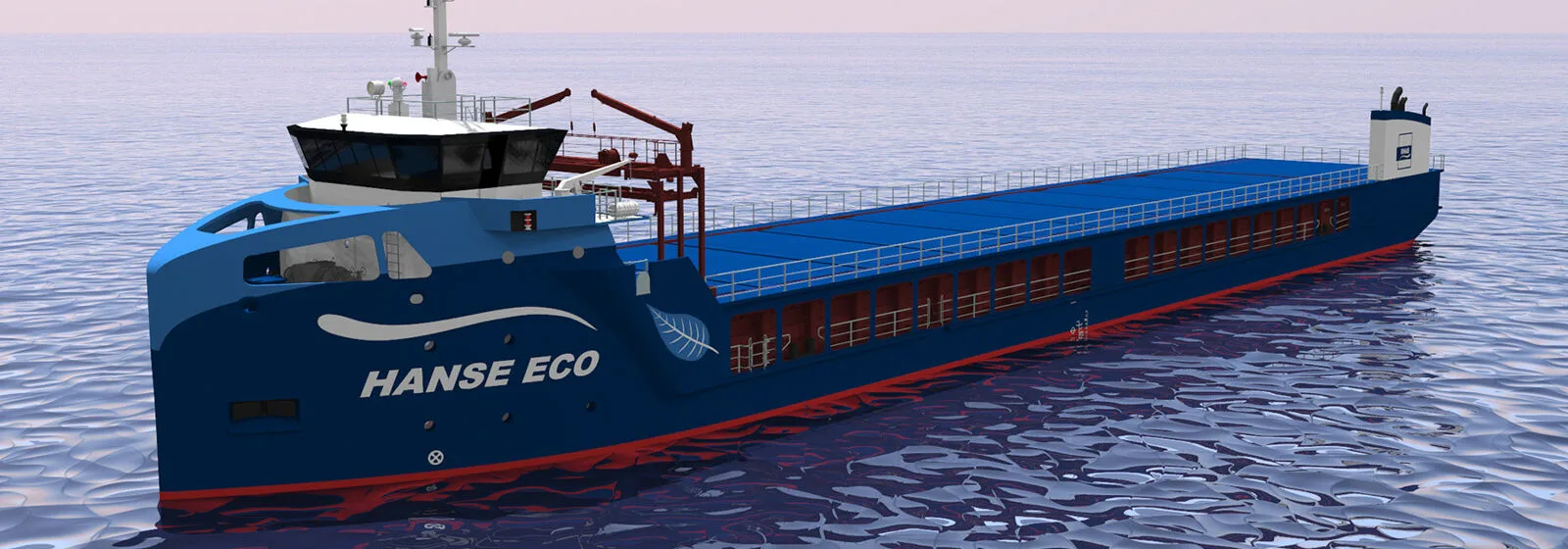 Blue cargo ship 'HANSE ECO' with white superstructure and cranes, featuring a leaf emblem on the hull to indicate eco-friendly design