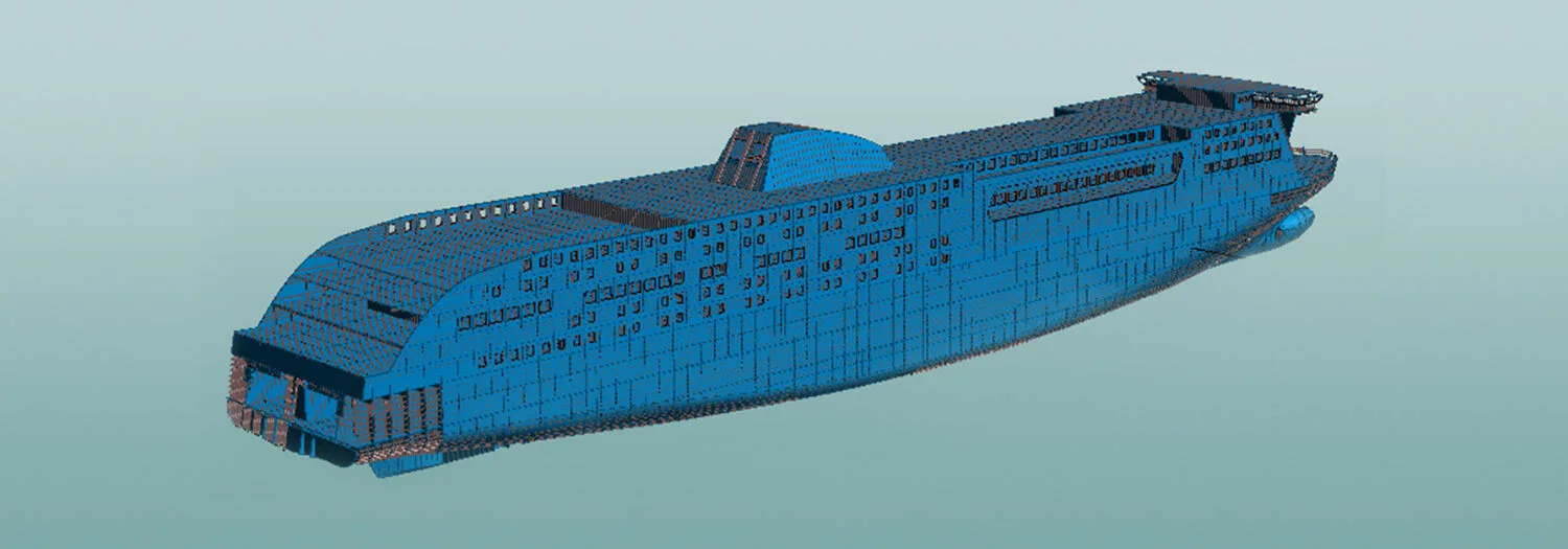 3D model of a ship hull in blue, showing structural elements and internal framework created with CAD software.