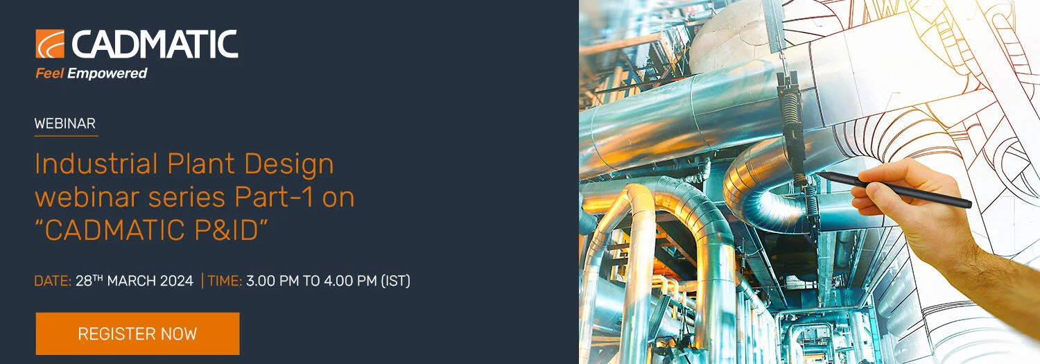 Webinar banner showing CADMATIC P&ID event details and an industrial plant with overlaid schematics and a hand drawing with a stylus