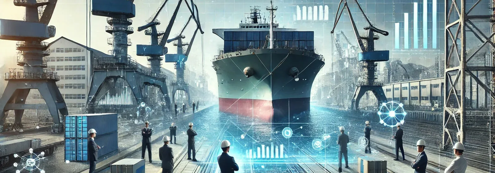 A shipyard and a ship in the middle, cranes on both sides