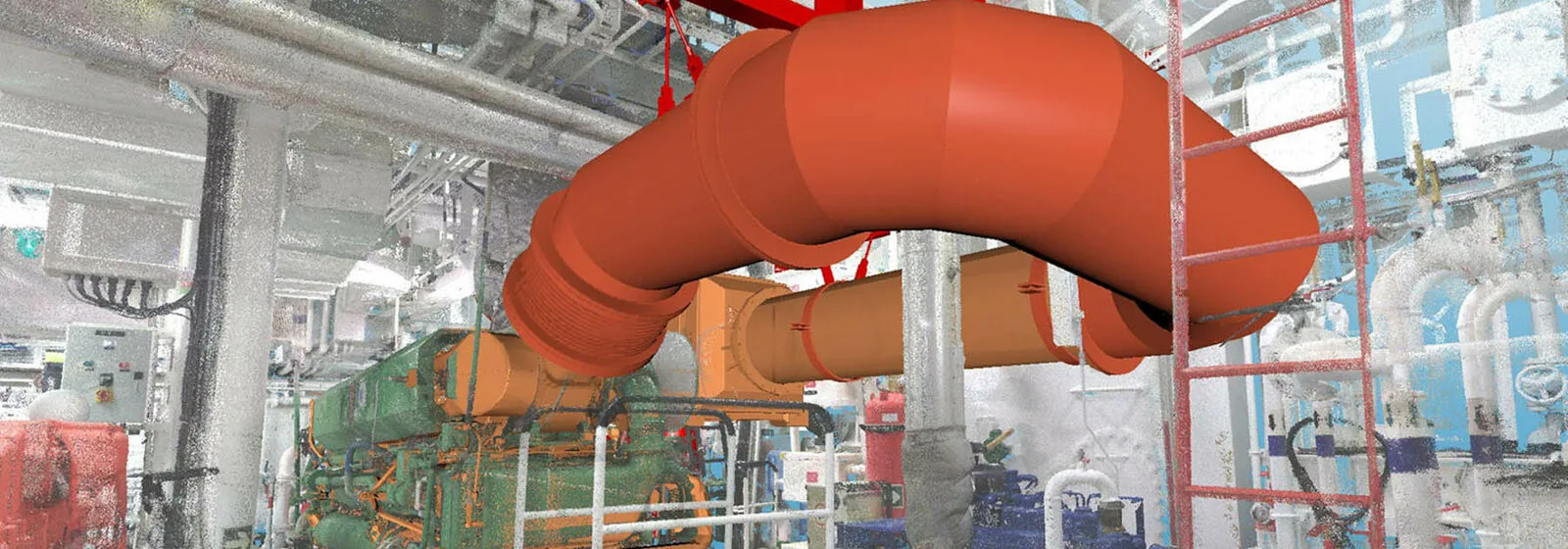 Industrial marine engineering environment with a large red pipe system and surrounding machinery, valves, and structural components