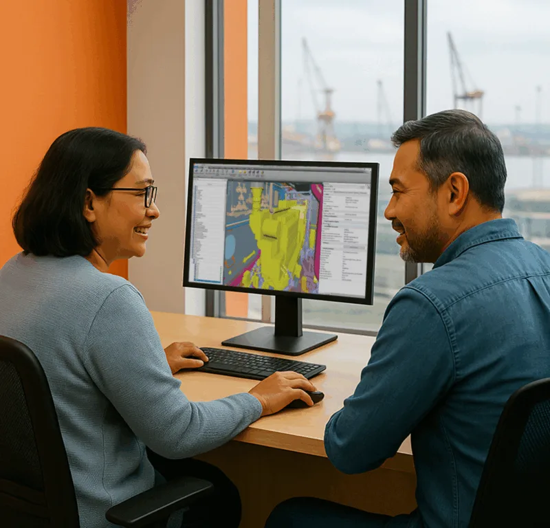 Two engineers sitting at desk discussing outfitting design