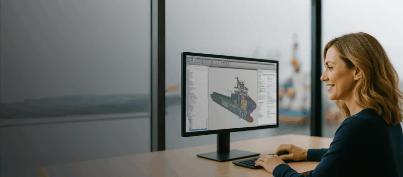 Female engineer designing outfitting in Cadmatic 3D CAD software.