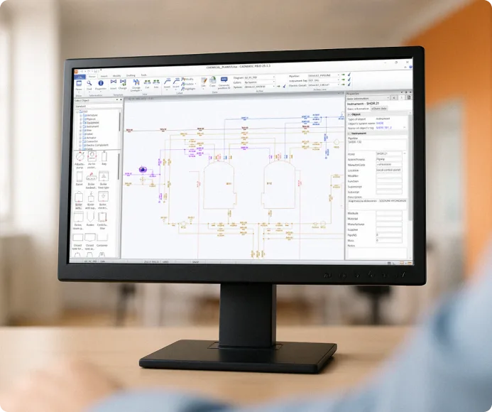A computer screen showing CADMATIC P&ID software used to create P&ID diagrams.