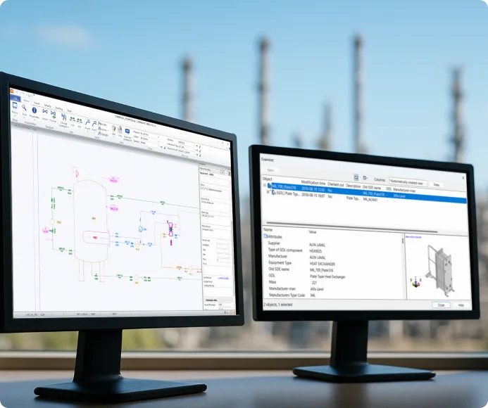 Two computer monitors show CADMATIC P&ID used to create P&ID diagrams. A process plant is vísible in the background.