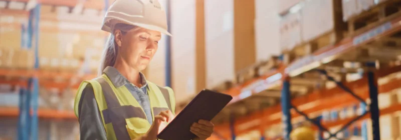 Person in safety vest and hard hat using a tablet in an industrial warehouse with shelves and equipment