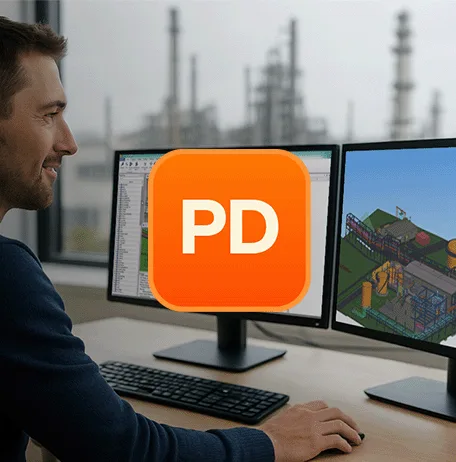 man on 3D model of industrial plant on a computer