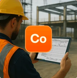 A construction worker reviews documents on a tablet at a building site.