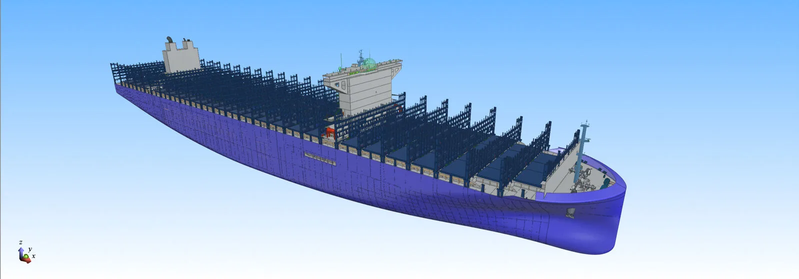3D model of a large container ship with blue hull, showing detailed internal structure and deck layout