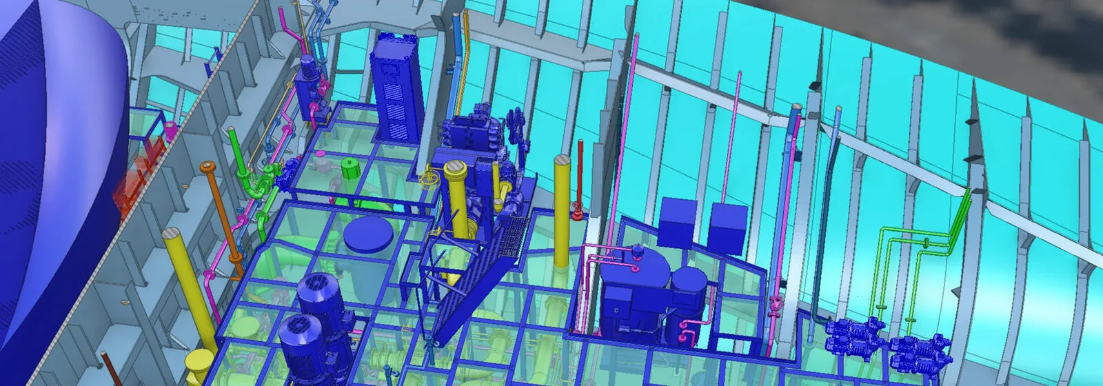3D model of a ship’s interior showing color-coded pipes, machinery, and structural elements used in interdisciplinary design