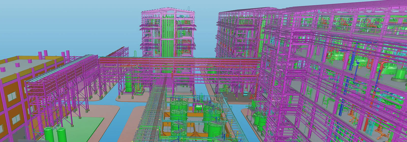 3D model of industrial facility with pink and green structures, pipelines, tanks, and interconnected platforms and buildings