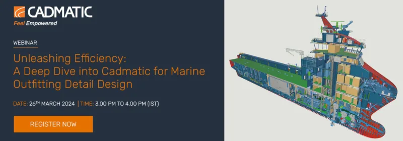 Webinar banner with CADMATIC branding and a 3D model of a ship’s outfitting design, showing interior and exterior components