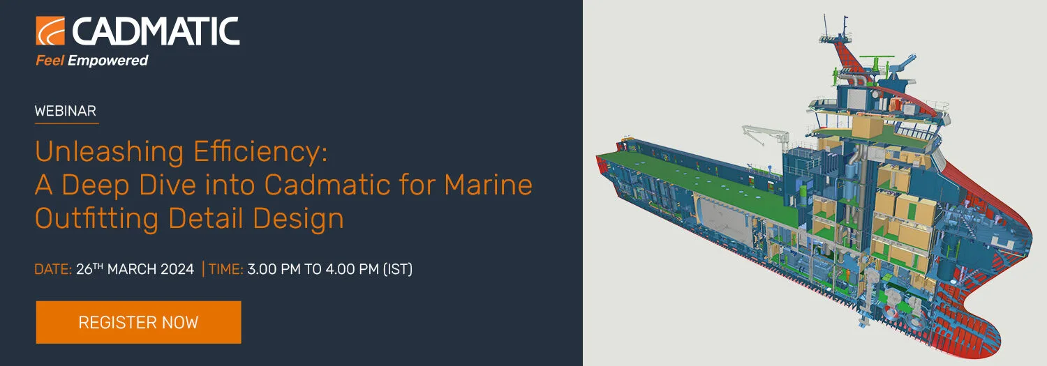 Webinar banner with CADMATIC branding and a 3D model of a ship’s outfitting design, showing interior and exterior components