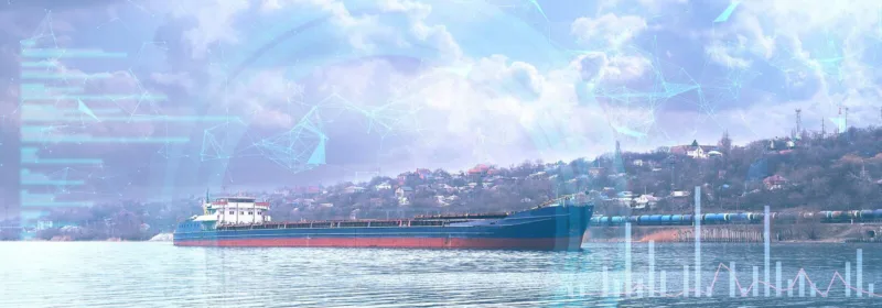 Oil container ship and houses in the background