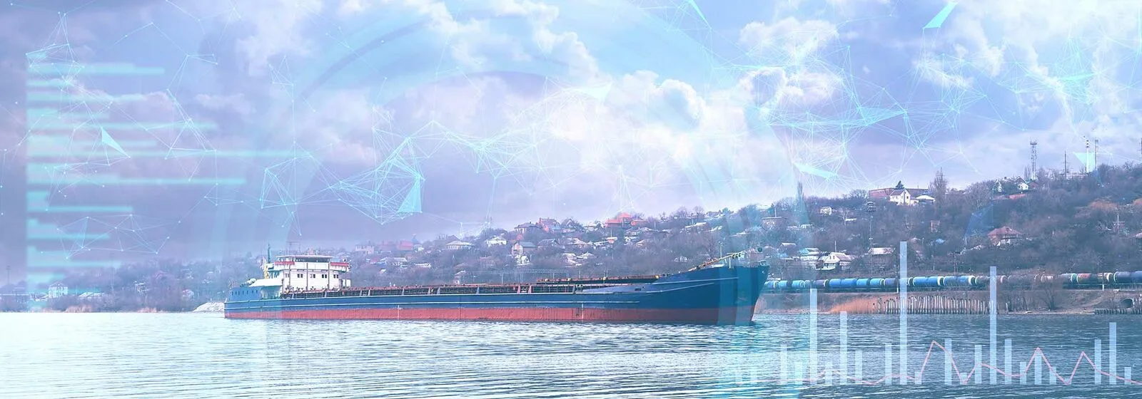 Oil container ship and houses in the background