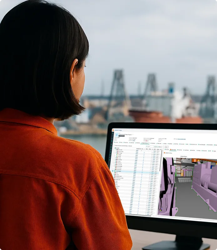 Woman looking at a computer screen showing the CADMATIC Wave PLM solution for shipbuilding, which provides a unified digital flow through the full asset lifecycle.