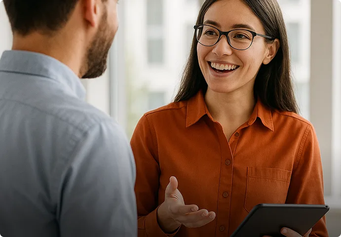 woman and man talking together