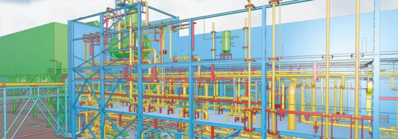 3D model of industrial plant with color-coded pipes, blue structural framework, platforms, and a green building in the background