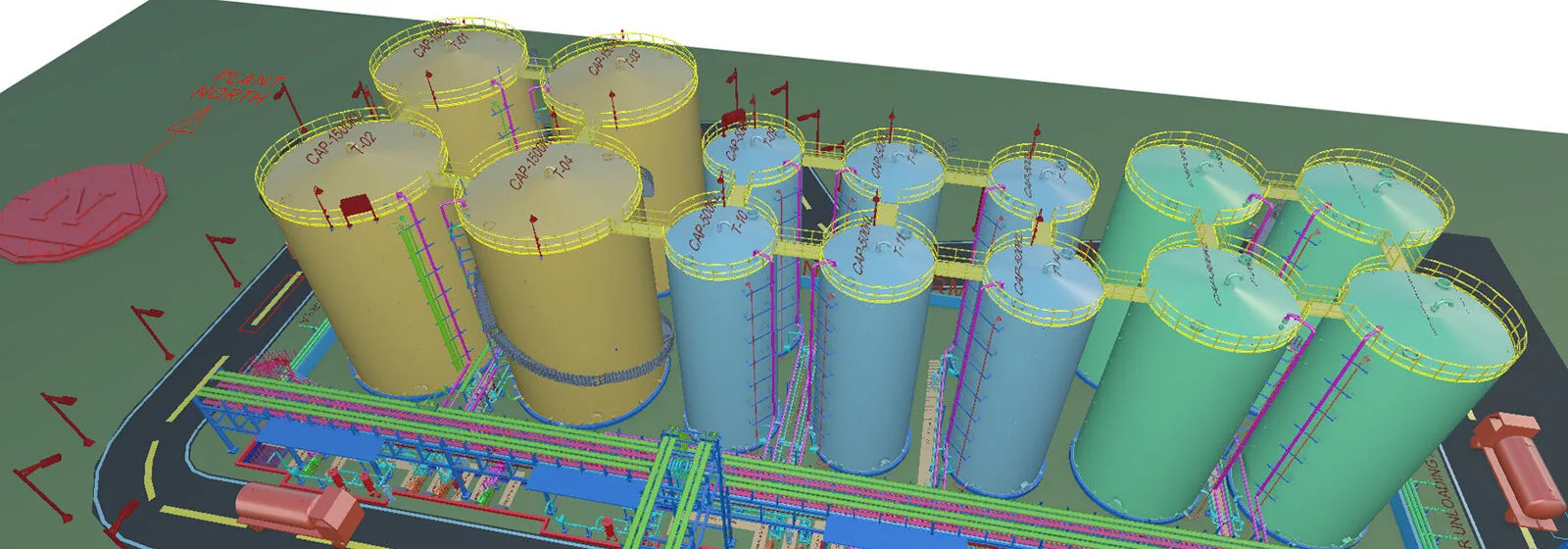 3D model of industrial facility with cylindrical storage tanks, labeled capacities, pipelines, and a red drain system structure