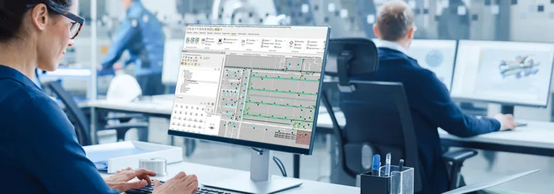 Person working on CADMATIC Electrical software in office, with another person in background using multiple monitors for technical design
