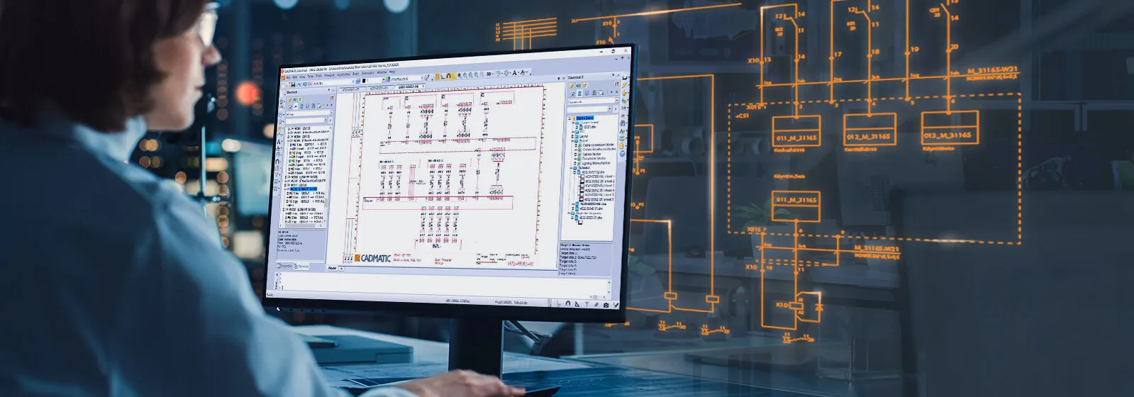 Person working on a computer with CADMATIC Electrical software showing an electrical schematic, overlaid with a digital circuit diagram.